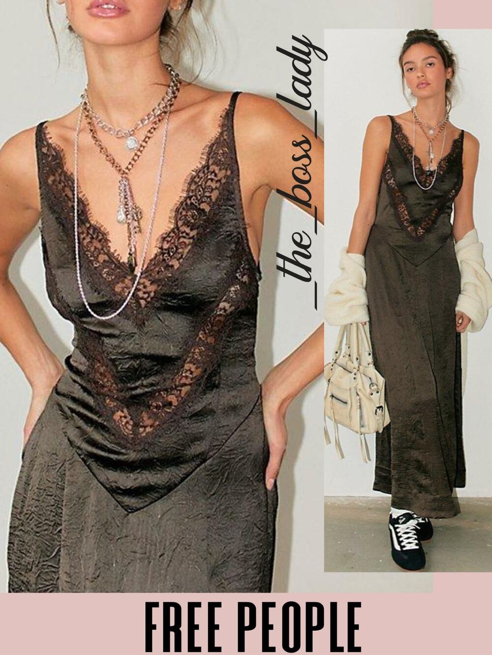 Free People maxi dress in satin and lace boho textured v-neck evening long 2